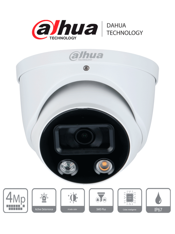 DH-IPC-HDW3449H-AS-PV DAHUA Camara IP Domo 4MP/ Sirena/ Estrobo Azul y Rojo/ Microfono Integrado